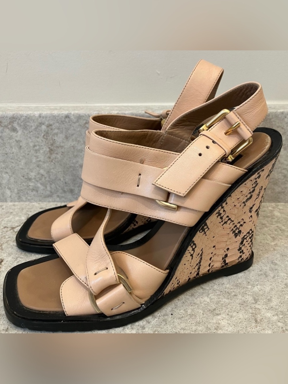 Derek Lam Blush Leather Cork-Pattern Wedge Sandals